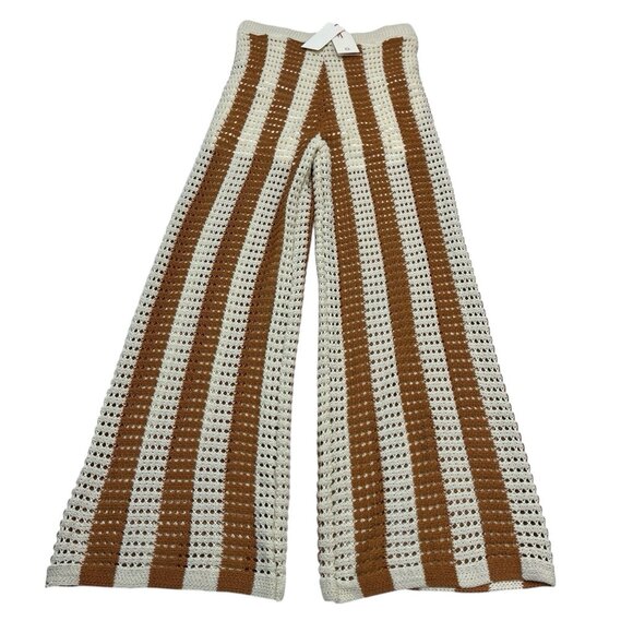 Solitaire Pants Womens L Ivory Brown‎ Crochet Knit Wide Leg Boho Hippie Festival - Picture 2 of 11